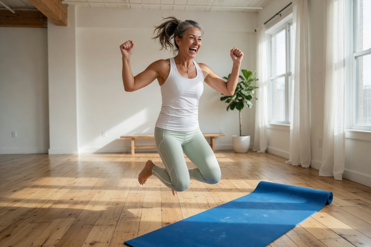 Active woman jumping with energy in a bright studio